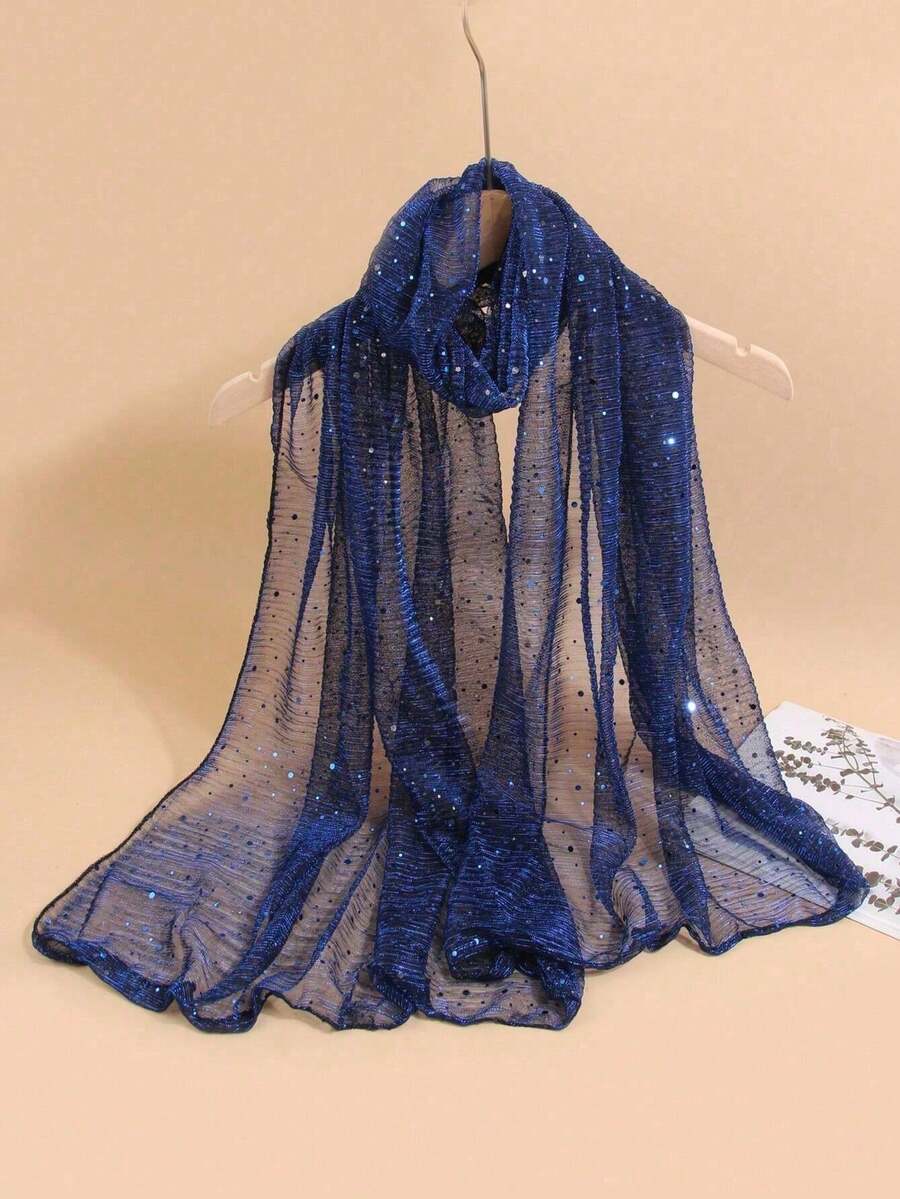 1pc Women's Lightweight Solid Color Sequin Bandana Scarf, Headscarf, Middle Eastern Hijab, Decorative Shawl, Sun Protection Beach Wrap, Suitable For Daily Use - 寶藍色 - 查看 1