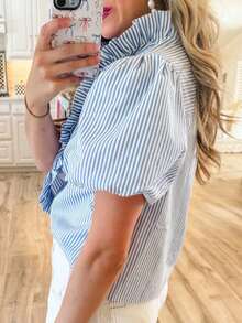 Acelitt 蓝白条纹泡泡袖荷叶领休闲衬衫，夏季 - 藍色 - 查看 2