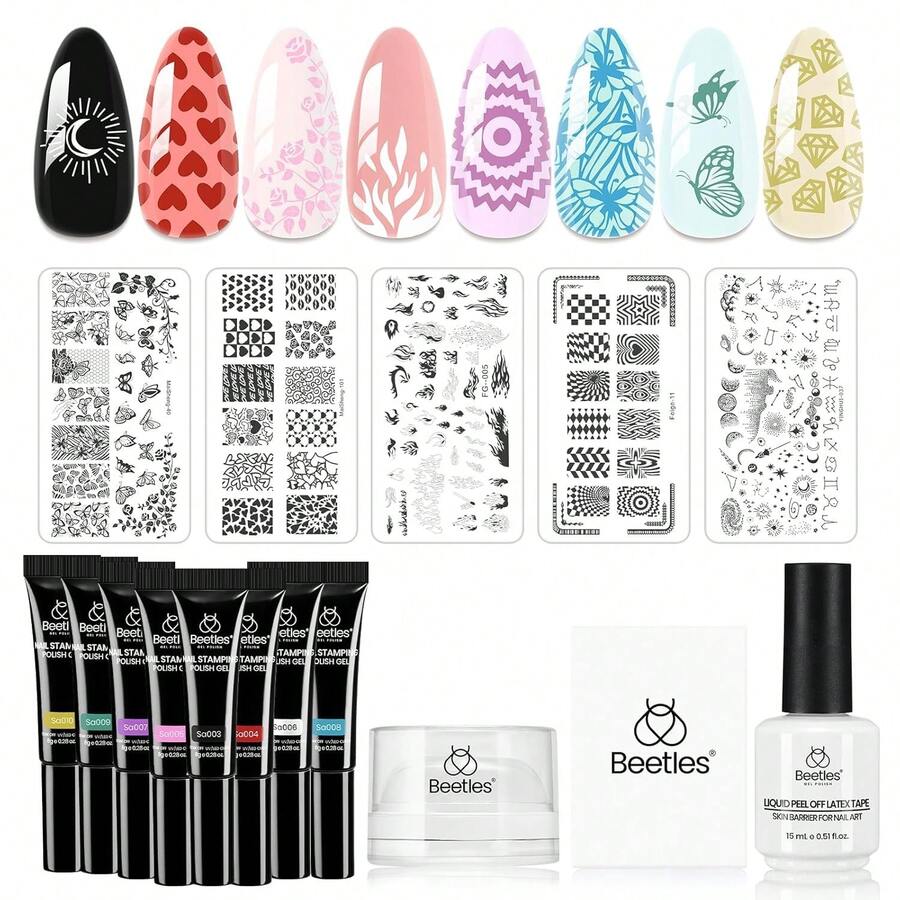 Beetles Nail Stamp Silicone French Tip Nail Stamp Kit With Replacement Stamper Heads & Scrapers, Soft Silicone Printing Tool For DIY Home Salon Nail Art, Gifts For Girls - 16Pcs 8 Colors Stamper Gel Polish - 查看 1