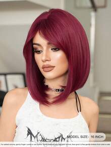7JHH WIGS 16英吋肩長葡萄紫紅色短直髮波波頭假髮，附瀏海，耐熱合成纖維製，適合日常穿戴、派對、Cosplay、音樂節等場合，亦可作為畢業禮物或母親節禮物 - 中紫紅色 - 查看 4