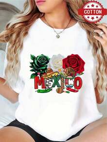 1 Blusa para Mujer, Blusas Hermosas para Mujer, Conjuntos de Ropa para Mujer, Imagen de México, Camiseta 180G Blanco y Negro, Estampado Mexicano Temático, Impresión de Alta Calidad, Cuello Redondo, Corte Holgado Básico, Transpirable, Versátil, Lavable a Máquina, Cómoda, Talla S ~ 3XL, Diario, Casual, Deportiva, Esencial para el Verano. - Blanco - Ver 1