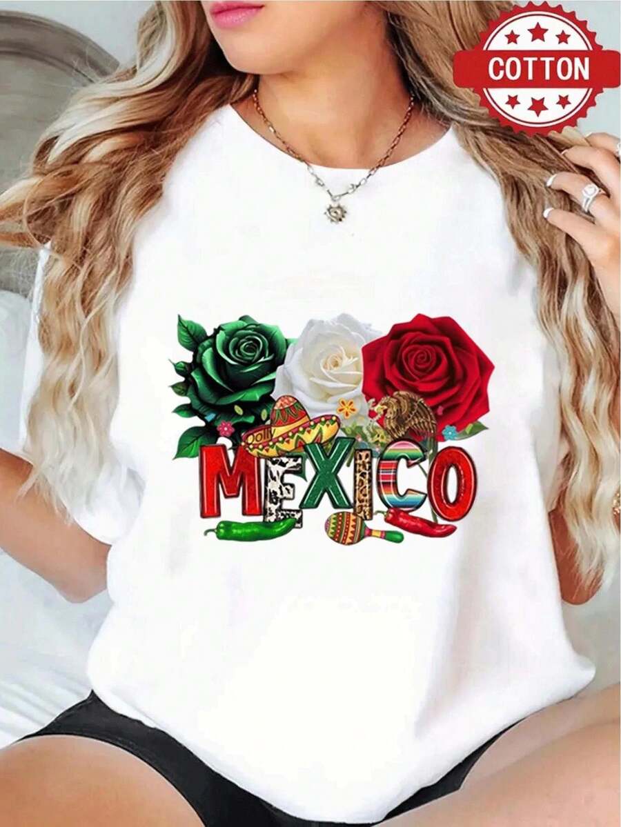 1 Blusa para Mujer, Blusas Hermosas para Mujer, Conjuntos de Ropa para Mujer, Imagen de México, Camiseta 180G Blanco y Negro, Estampado Mexicano Temático, Impresión de Alta Calidad, Cuello Redondo, Corte Holgado Básico, Transpirable, Versátil, Lavable a Máquina, Cómoda, Talla S ~ 3XL, Diario, Casual, Deportiva, Esencial para el Verano. - Blanco - Ver 1