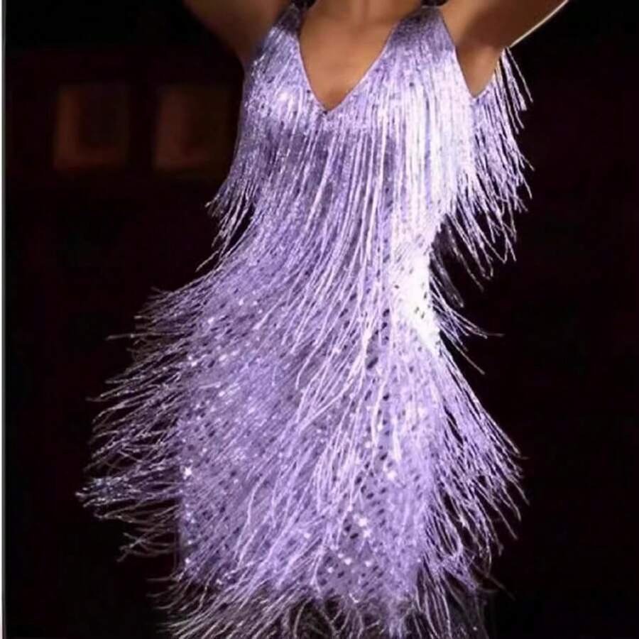 1PC Sexy Hot Girl Backless Tassel Pencil Dress Tassel Gown Dress Women'S INS - Màu tím - Xem 1