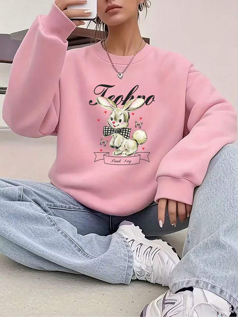 Felpa oversize e morbida casual da donna, pullover con spalle cadenti versatile, stile college streetwear, top a maniche lunghe traspirante, adatto per autunno/primavera - Rosa - Visualizzare 1