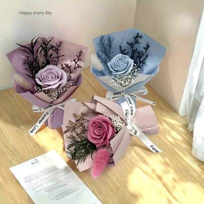 1束迷你仿真花束，配绿叶，采用优质丝绸布和塑料材质，逼真仿真，优雅浪漫风格，花朵色彩鲜艳，花瓣形状栩栩如生，绿叶细节丰富，持久保鲜，是婚礼、情人节、母亲节、毕业典礼、生日和节日送礼的理想之选。