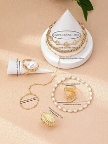 7 Pcs Bohemian Style Faux Pearl Beaded Bracelets Set & Seashell Statement Rings Set, Summer Vacation Hand Harness Chain Bracelet, Ocean Themed Beachy Jewelry Set For Women - Shell Bracelet and Ring Set - View 3