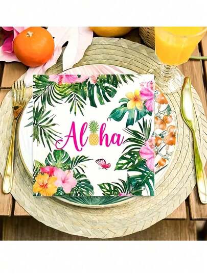 20pcs/Pack Hawaiian Colorful Napkins, Tropical Hawaiian Themed Party Napkins With Palm Leaves, Pineapple And Hibiscus Patterns, Suitable For Birthday, Celebration, Wedding, Summer Theme Party Tableware Decor