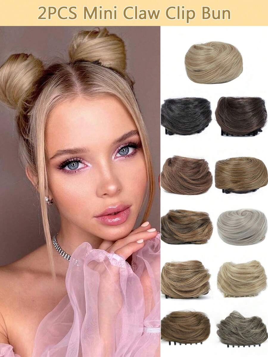 凌乱发髻发片，2 件迷你爪夹凌乱猫耳假发耐高温耐热合成发髻接发假发配件高髻发片，适合女性女孩 - 彩色 - 查看 1