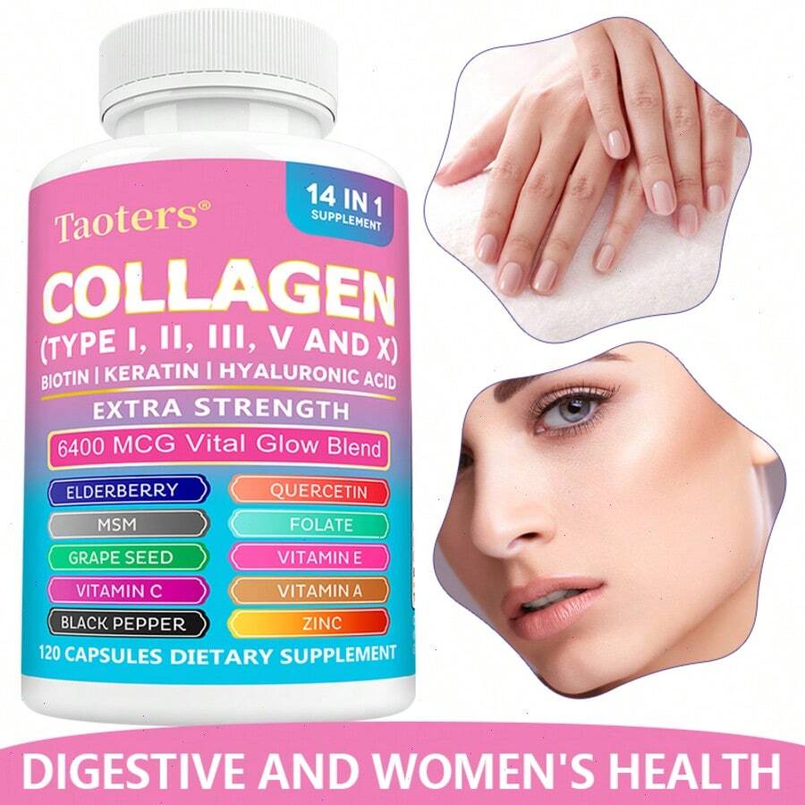 14-In-1 Collagen 120 Capsules - With Elderberry, Quercetin & MSM - Skin, Hair & Nails Support Supplement - 1 Bottle - View 1