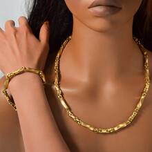 1 Stück/Set personalisierter 18K vergoldeter Edelstahl geometrischer Bambus Halskette und Armband Set, geeignet für Lässig, Streetwear, Hip-Hop, Bühne, Party, Musikfestival Anlässe - Gold - Übersicht 2