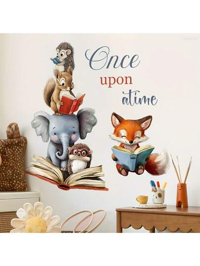1pc Wall Sticker With Cute Illustrations Of Elephant, Fox And Owl On Stacked Books, Animal-Themed Reading Decor, Made Of PVC Material Suitable For Bedroom And Living Room Decoration