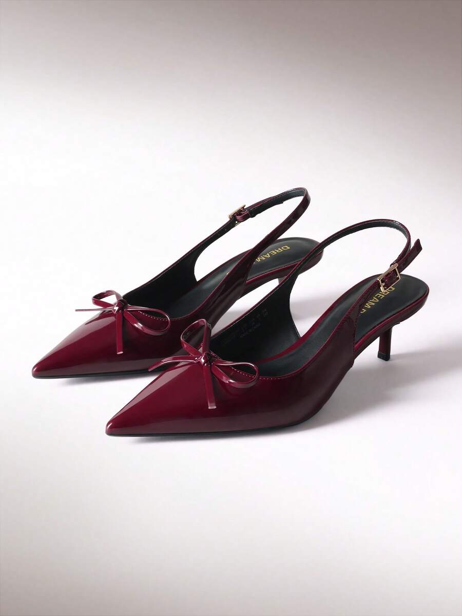 Women's Slingback Kitten Heels, Pointed Toe 2.17" Low Heel With Bow - Comfortable All Day Wear Dress Pumps For Wedding & Formal Occasions - Màu Đỏ Sâu - Xem 1