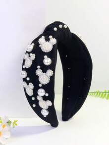 1pc Women's Pearl & Rhinestone Embellished Cute Cat Design Elegant Polyester Knotted Headband, Suitable For Summer - Multicolor - View 10