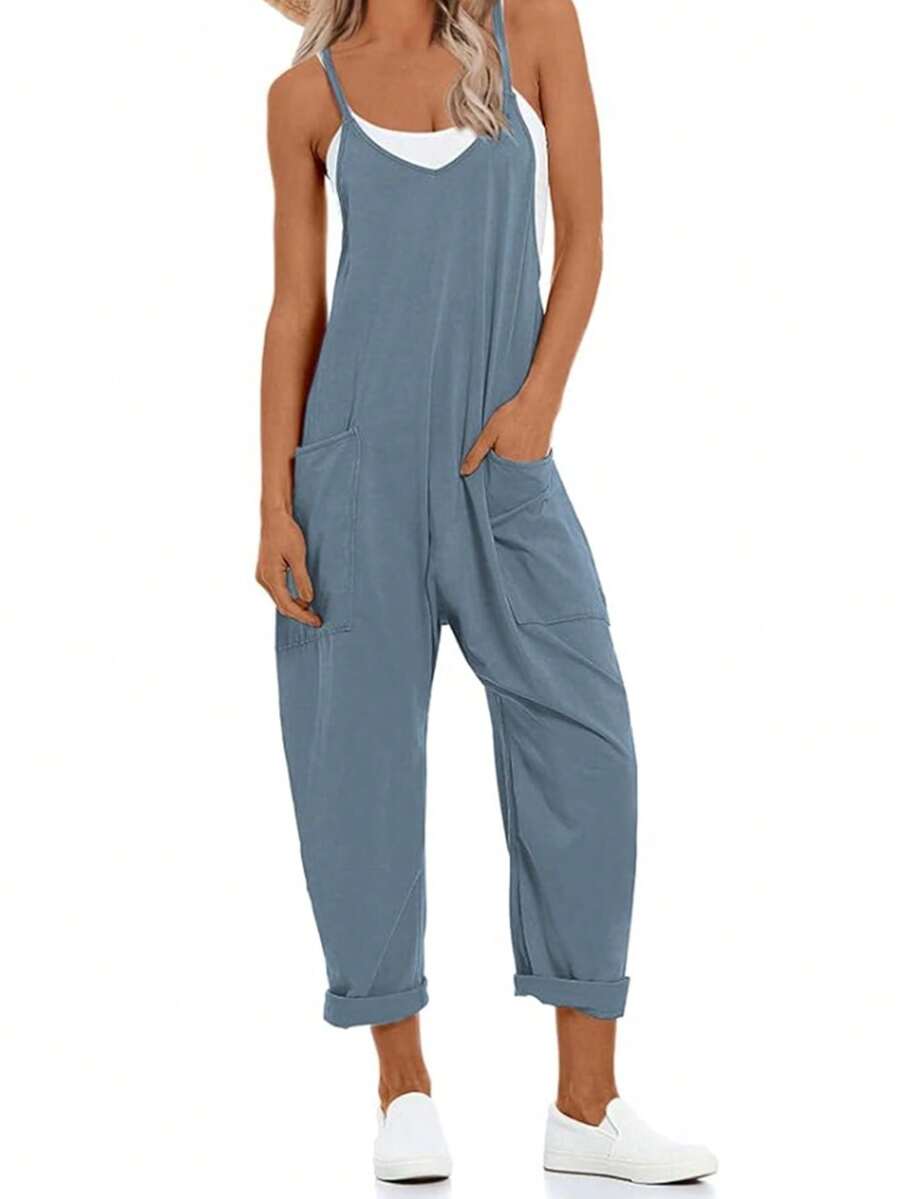 Women's Jumpsuit Romper Casual Sleeveless V-Neck Harem Overalls With Pockets - Stretchy Adjustable Straps Summer Beach Outfit - 藍灰色 - 查看 1