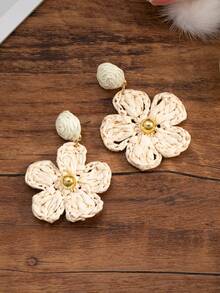 1对夏季海滩度假甜美风手工花朵耳环，女士海滩度假风时尚耳环 - 白色 - 查看 3