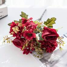 1pc Artificial Flower - Rose, Hydrangea, Daisy, Faux Flower Bouquet, Suitable For Home, Dining, Living Room, Outdoor Garden Decoration, Used For Wedding, Home Garden And Party Decoration, Artificial Flowers, Wedding Flowers, Bridal Bouquet, Wedding Supplies, Wedding Decorations, Decorative Flowers, Spring Decorations - Red - View 7