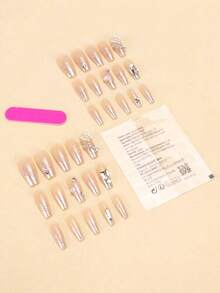 Elevate Your Nail Game Instantly With 30 Pcs Medium Long Coffin French Nude Butterfly Rhinestone Glitter Press-On Nails, Complete With 1 Jelly Glue And 1 Nail File. Perfect For Parties, Dances, And Daily Casual Wear, These Are Removable And Reusable. Press-On Nails, Nail Supplies, Nails - Multicolor - View 3