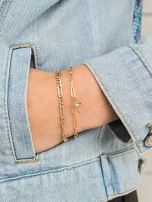 Nooxian 2pcs Set NK Copper Square Paperclip Chain, Fashion Cross & Cubic Zirconia Round Pendant Bracelet - Yellow Gold - View 1