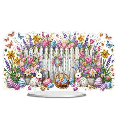 1幅5D DIY钻石画装饰品，花园栅栏和兔子图案，钻石艺术马赛克装饰，适合家居装饰、花园、客厅、桌面摆放，是送给朋友生日和节日的绝佳礼物。