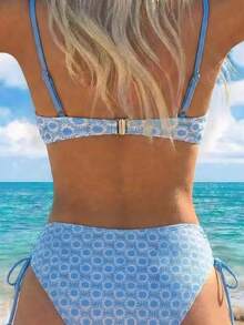 Women's Sunflower Black & White Sexy Spaghetti Strap Backless Bikini Set - Baby Blue - View 5