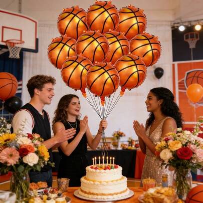 10pcs 18" Basketball Foil Balloons Set, Suitable For Sports Day Birthday, Anniversary, Graduation, School Party Decoration, Sports Theme Balloons