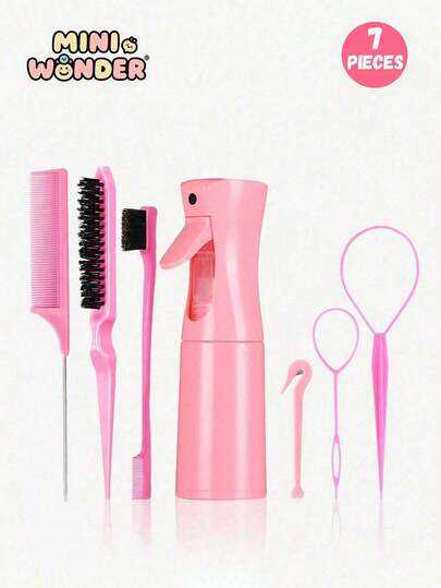 7pcs Hair Styling Tool Set, Including 200ml Spray Bottle, Detangling Brush, Volumizing Brush, Tail Comb, Edge Brush, Braiding Tools, Elastic Hair Tie Cutter, Disposable Hair Tie Remover, Curling Hair Tie Remover