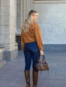 Faux Suede Bomber Jacket With Front Pockets - Camel - Ver 4