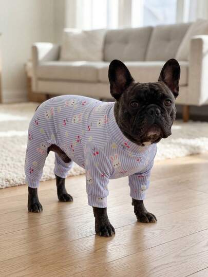 Dog Shedding Hair Control Pajamas For Spring And Summer - Breathable High Stretch Full Coverage Pet Rompers, Summer Anti Licking & Bug Protective Jumpsuit For Small Medium Large Dogs, All Over Printing Dog Clothes - Cute Blue With WhiteStripe Rabbit And Cherry Pattern