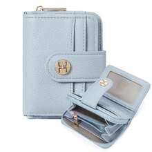 Compact Blue Leather Bifold Wallet For Women With RFID Protection Zipper Coin Pocket Ideal For Daily Use Travel And Fashion Accessories Secure Card Storage With Sleek Design - Màu xanh da trời - Xem 7