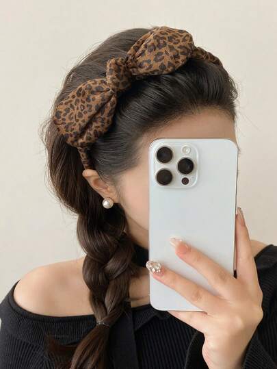 1 件装女士复古时尚豹纹蝴蝶结发带，带防滑齿，高冠发箍，适合各种场合的多功能发饰。