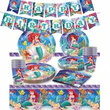 Mermaid Theme Party Tableware Set, Cartoon Birthday Party Tableware, Tablecloth, Napkins, Cups, Plates - Set - View 3