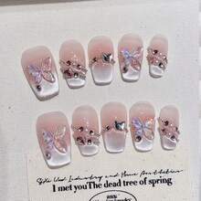 10 piezas de uñas postizas trapezoidales cortas hechas a mano, uñas falsas elegantes de alta gama, uñas de color nude, mariposas de colores, removibles y reutilizables, adecuadas para la vida diaria, el trabajo, la escuela, las citas, las fiestas y los bailes. - L - Ver 2