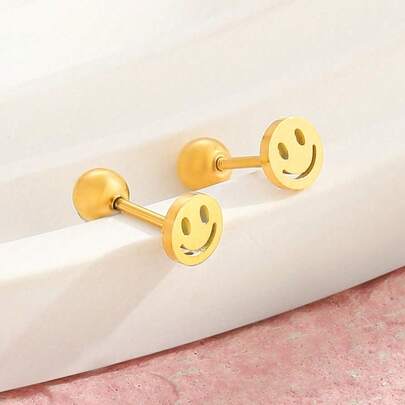 1 Đôi Khuyên Tai Nhỏ Xíu Hình Mặt Cười Dễ Thương Bằng Thép Không Gỉ, Trang Sức Tinh Tế Cho Thiếu Nữ, Quà Tặng Bạn Bè