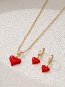1 Set Eternal Love Necklace With Heart Pendant & Earrings, Made Of Copper Material, Exquisite High-End Design, Luxury Style, Suitable For Daily Wear, Parties, Leisure Or Vacation, Women's Clavicle Chain - Red - View 6