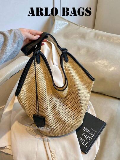 New Women's Woven Straw Bag, Fashionable Korean-Style Niche Shoulder Bucket Bag, Seaside Beach Bag, Hollow-Out Design, Color-Blocked Handbag, Hollow-Out Design With Small Charm Bag, Smooth Zipper Closure, Single Top Shoulder Strap, Comes With Small Attached Charm Bag, Suitable For Girls To Attend Parties, Daily Commuting, And Business Trips.