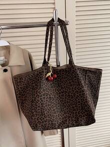 Stylish Leopard Print Tote Bag, Large Capacity Shoulder Bag, Perfect Underarm Bag For Commuting - Brown - View 3