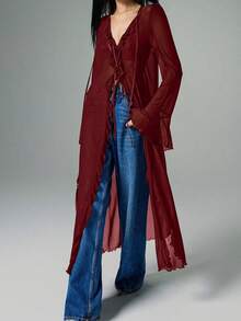 Women Frill Sheer Kimono Long Sleeve Deep V Neck Ruffle Top See Through Flowy Going Out Blouse Shirt Y2K Mesh Tie Front Beach Cover Ups Party Clubwear - 紅色 - 查看 2