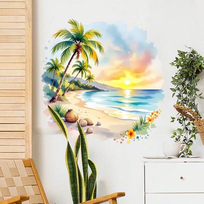 CHAILLY Watercolor Tropical Beach Sunset & Forest Waterfall Wall Decals, Self-Adhesive Nature Landscape Decor For Bedroom & Living Room