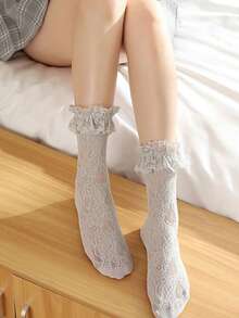 半双装女士蕾丝中筒袜，大蕾丝边，弹性镂空网眼长袜，可爱蕾丝风格袜子 - 彩色 - 查看 7