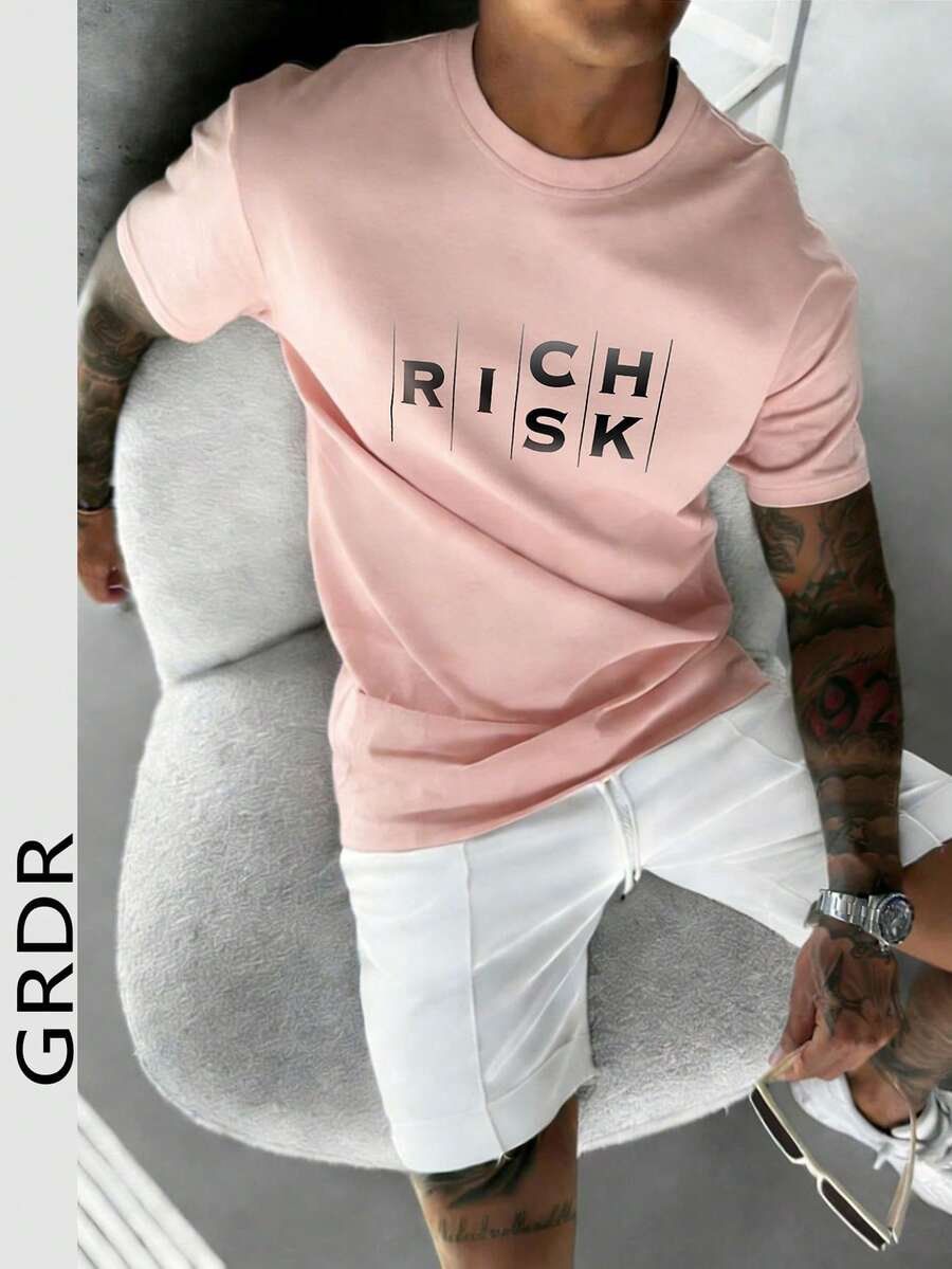 GRDR 男士时尚印花宽松短袖T恤 | 精致设计 | 夏季必备 | 百搭易配 | 展现你的风格 - 粉色 - 查看 1