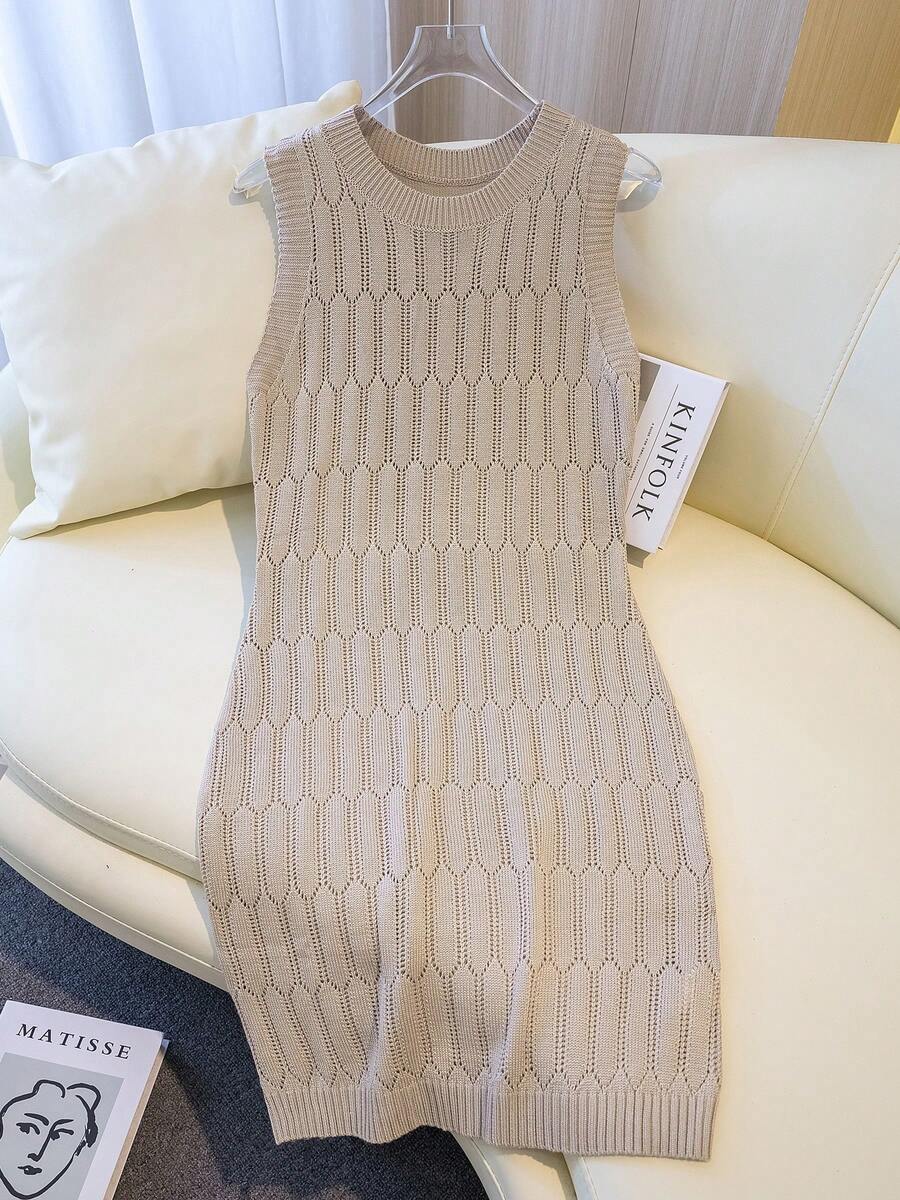 休闲圆领菱形镂空无袖女士沙滩针织连衣裙 - 卡其色 - 查看 1