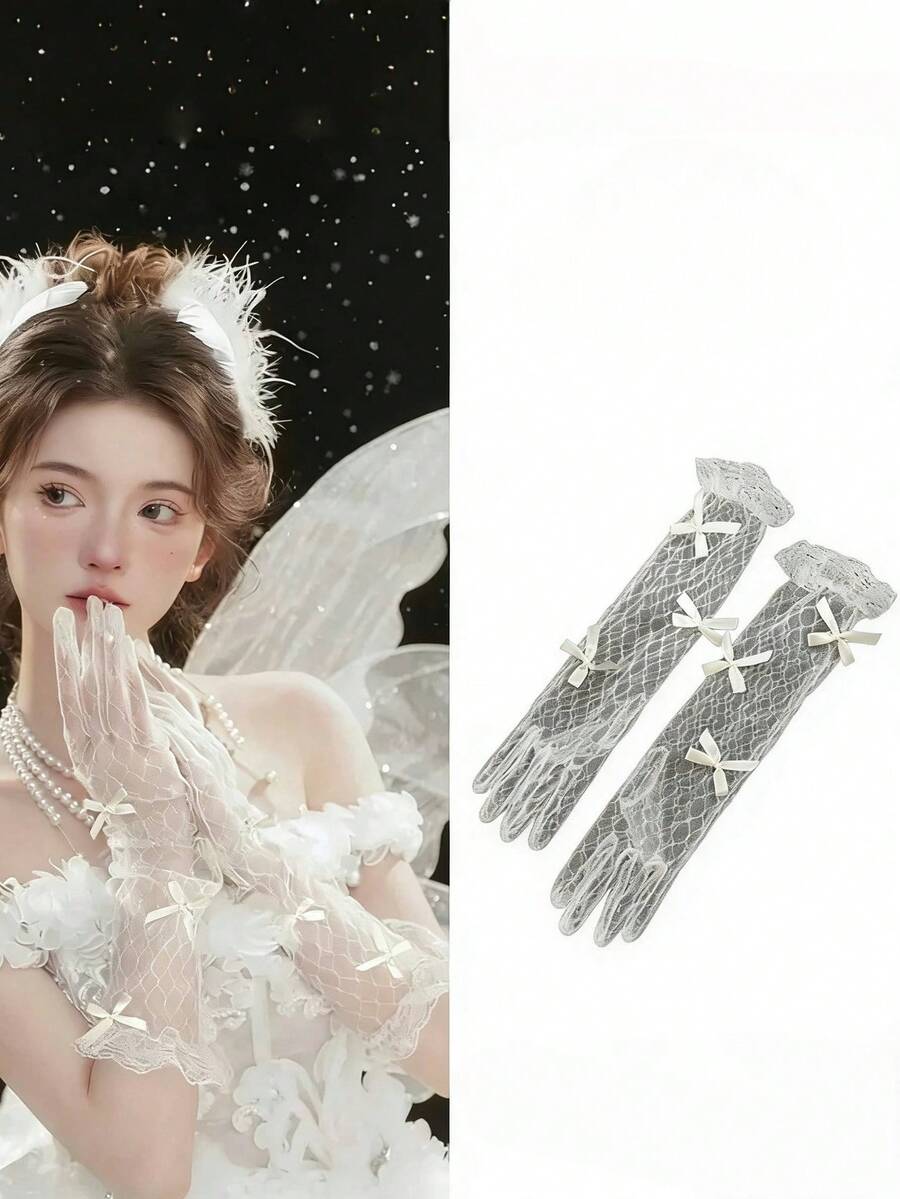 1 đôi găng tay ren trắng có nơ, thích hợp cho váy, cô dâu, tiệc sinh nhật, chụp ảnh, dạ hội. - Nhiều màu - Xem 1