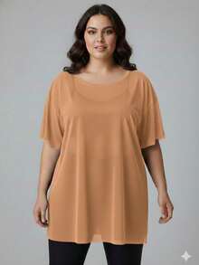 Plus Size Sheer Short-Sleeved Blouse, Regular Length, In Highly Stretchy Knit Fabric. - 駝色 - 查看 1