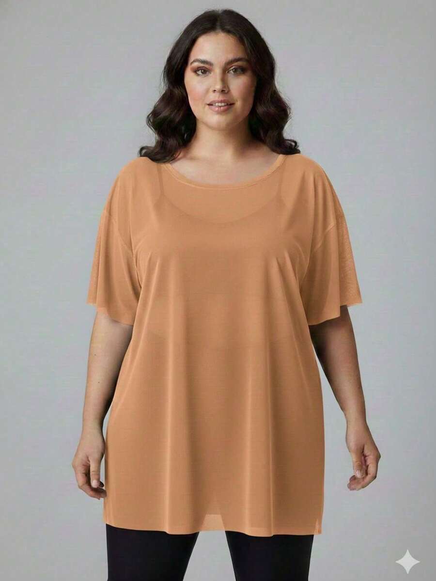 Plus Size Sheer Short-Sleeved Blouse, Regular Length, In Highly Stretchy Knit Fabric. - 駝色 - 查看 1