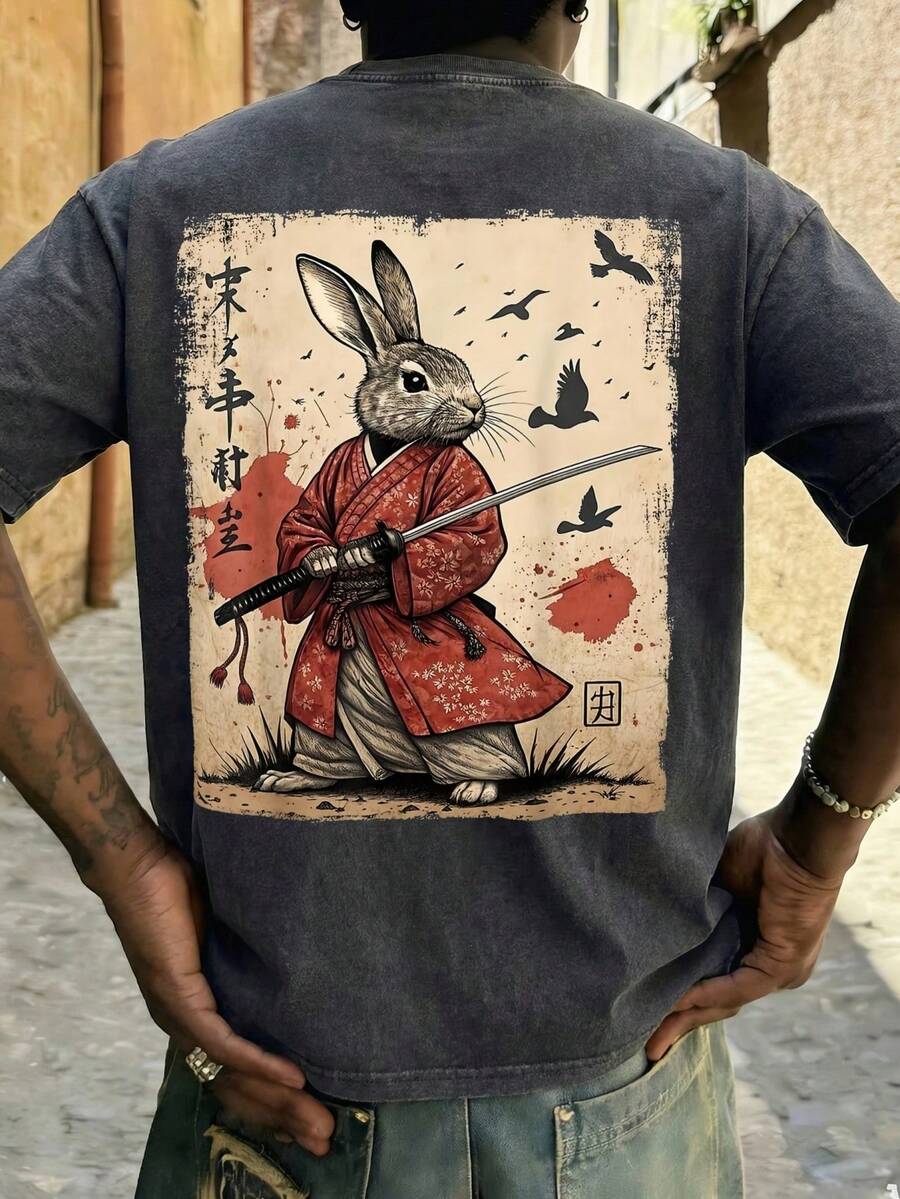 T-Shirt With Japanese Samurai Rabbit Art Print, Casual Men's Top With Crew Neck, Stylish Japanese Style For Streetwear - Black - View 1