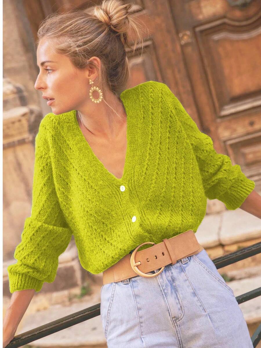 Women's Neon Green Single-Breasted Long Sleeve Knitted Cardigan, Autumn/Winter - Fluorescent Yellow-green - View 1
