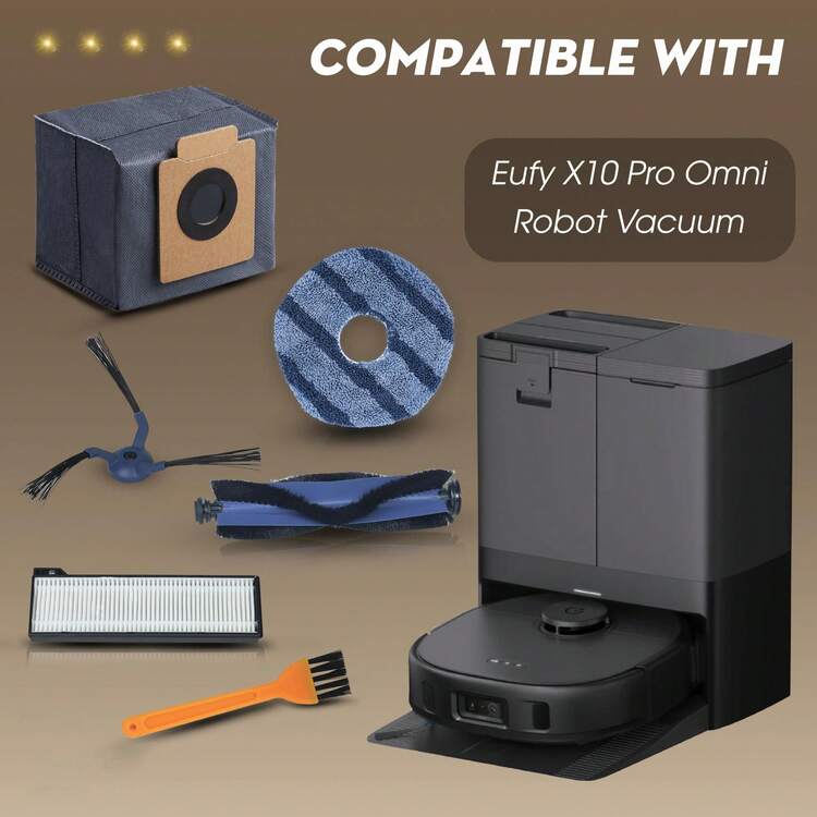 适用于 X10 Pro 和 X10 Omni 扫地机器人的 15 件配件，包括 1 个主刷、2 个滤网、3 个尘袋、4 个拖布、4 个边刷和 1 个清洁刷。 - 查看 1
