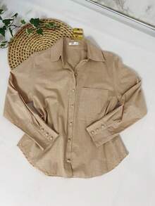 Linen Set With Three-Quarter Sleeves And High-Waisted Pants With Elastic Waistband | Lightweight Fabric - 卡其色 - 查看 5