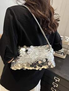 Bolso de hombro con lentejuelas de moda, nuevo bolso de hombro con estilo, embrague de noche con lentejuelas personalizado y sencillo - Plateado - Ver 5