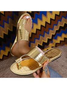 Giày sandal đế bằng mùa hè mũi tròn màu vàng cho nữ, giày bệt thông thường, thanh lịch & thời trang, tinh tế, thoải mái, tối giản, duyên dáng, tươi mới, lãng mạn, đặc biệt, cao cấp, nhẹ, giày bệt lười cho nữ - Vàng - Xem 7